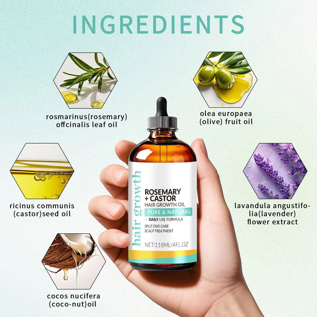 A hand holds a brown glass bottle of hair growth rosemary castor oil by Hair Growth with white label and dropper cap