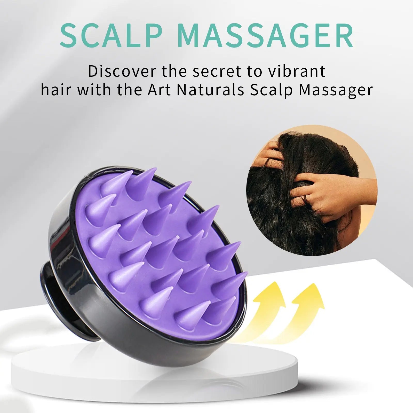 Purple spiked scalp massager with black base for hair care featured with rosemary castor hair growth oil