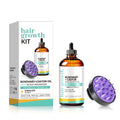Amber glass bottle of rosemary castor hair growth oil with black dropper cap and purple scalp massager beside it
