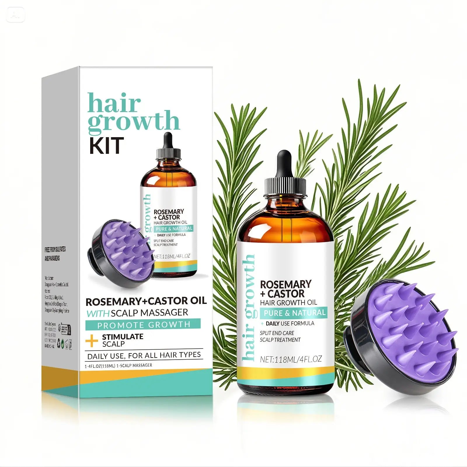 Amber glass bottle with black dropper cap containing rosemary castor hair growth oil and purple scalp massager