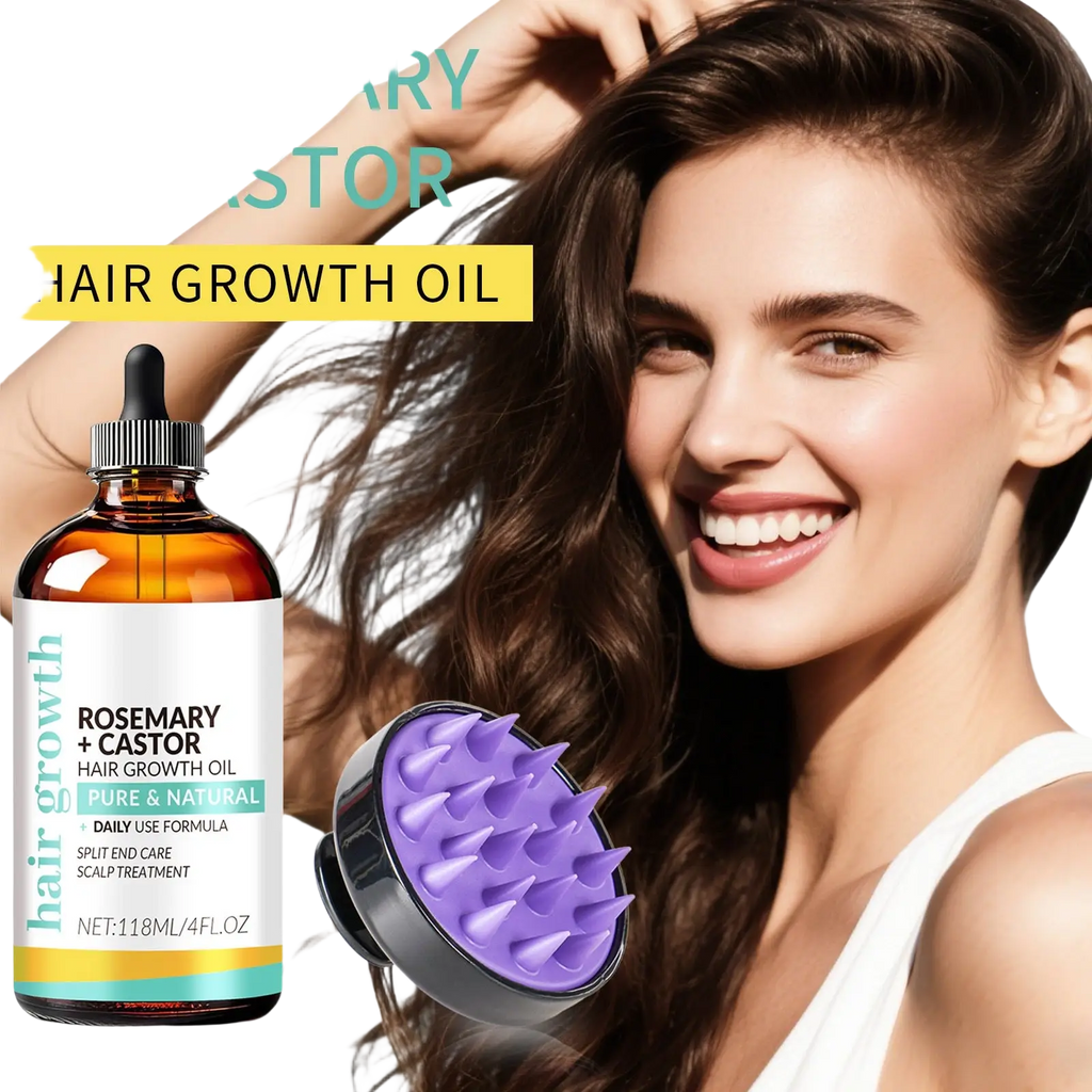 Amber glass bottle of rosemary castor hair growth oil with black dropper next to purple spiked scalp massager