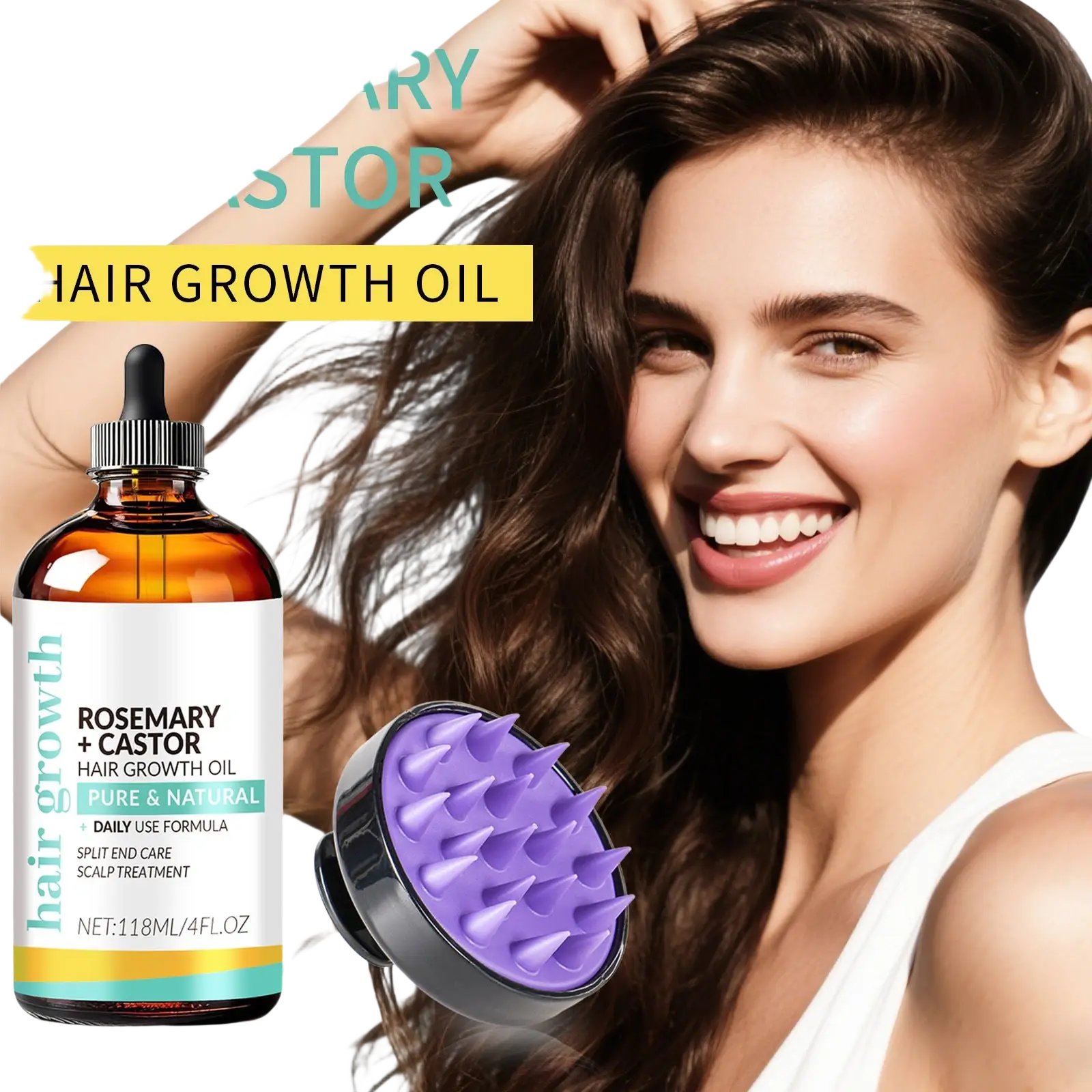 Amber glass bottle of rosemary castor hair growth oil with black dropper next to purple spiked scalp massager
