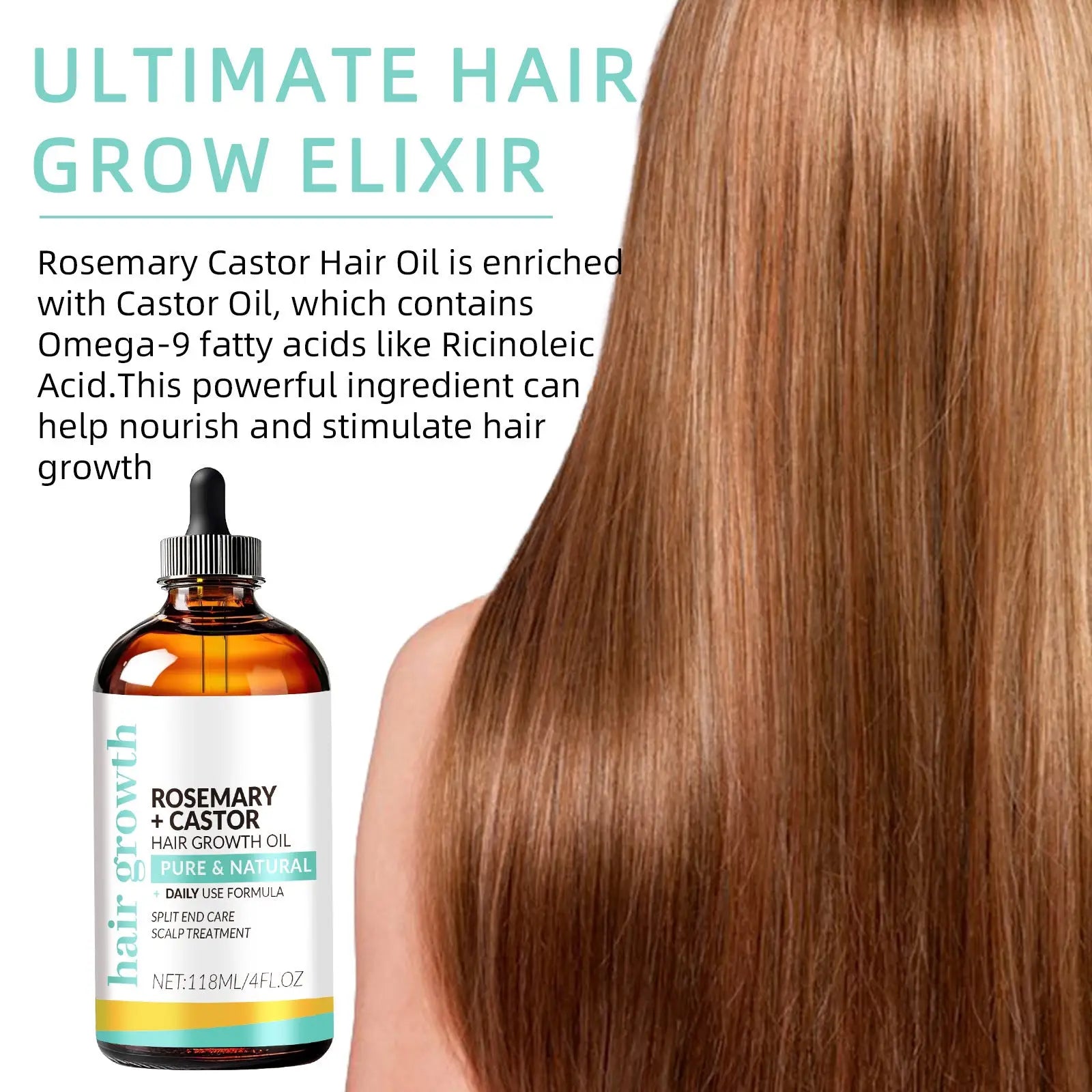 Amber glass bottle with black dropper cap and white label of rosemary castor hair growth oil for scalp care
