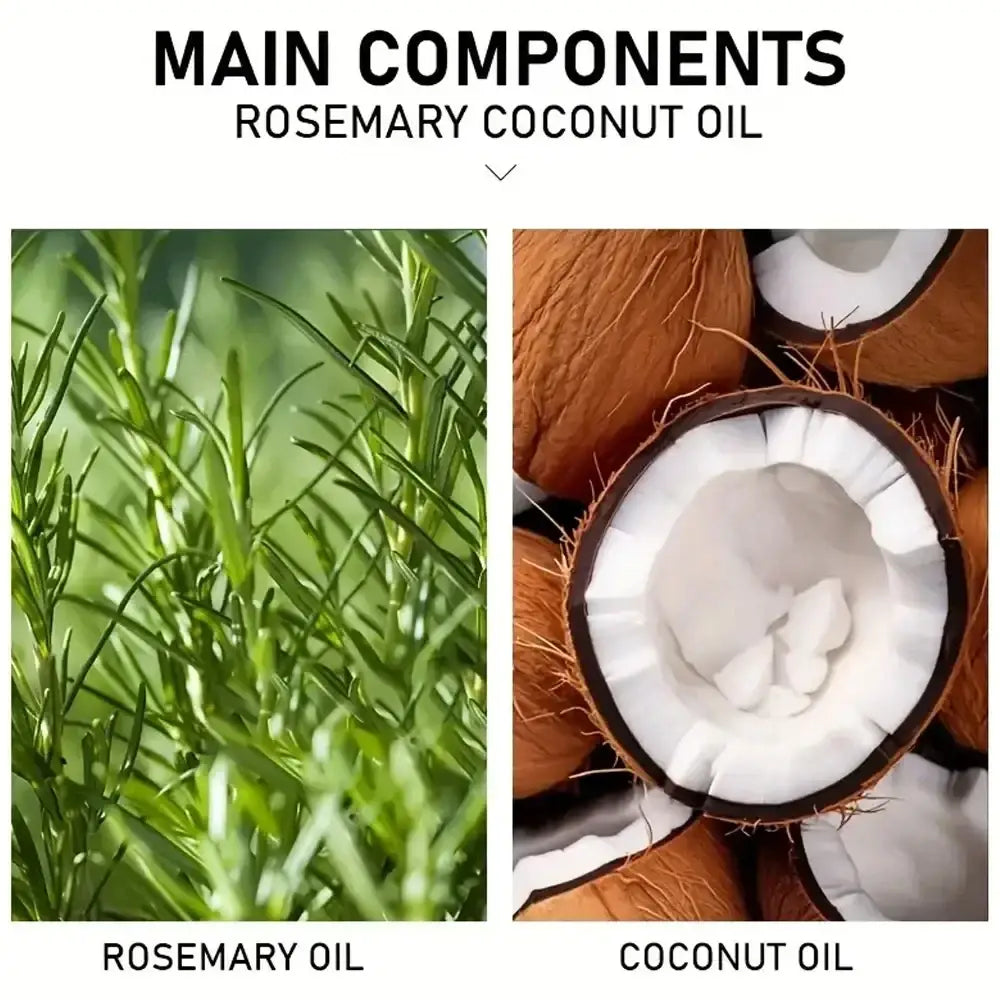 Rosemary coconut hair oil 60ml in clear bottle with dropper featuring natural rosemary and coconut oil ingredients