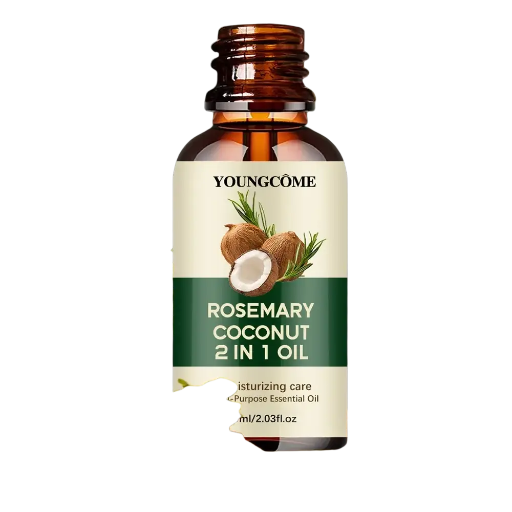 An amber glass bottle of youngcôme rosemary coconut 2 in 1 hair oil with a white and green label featuring coconut and rosemary illustrations