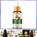 A sleek amber glass bottle of youngcome rosemary coconut 2 in 1 oil with a gold dropper and white rubber bulb