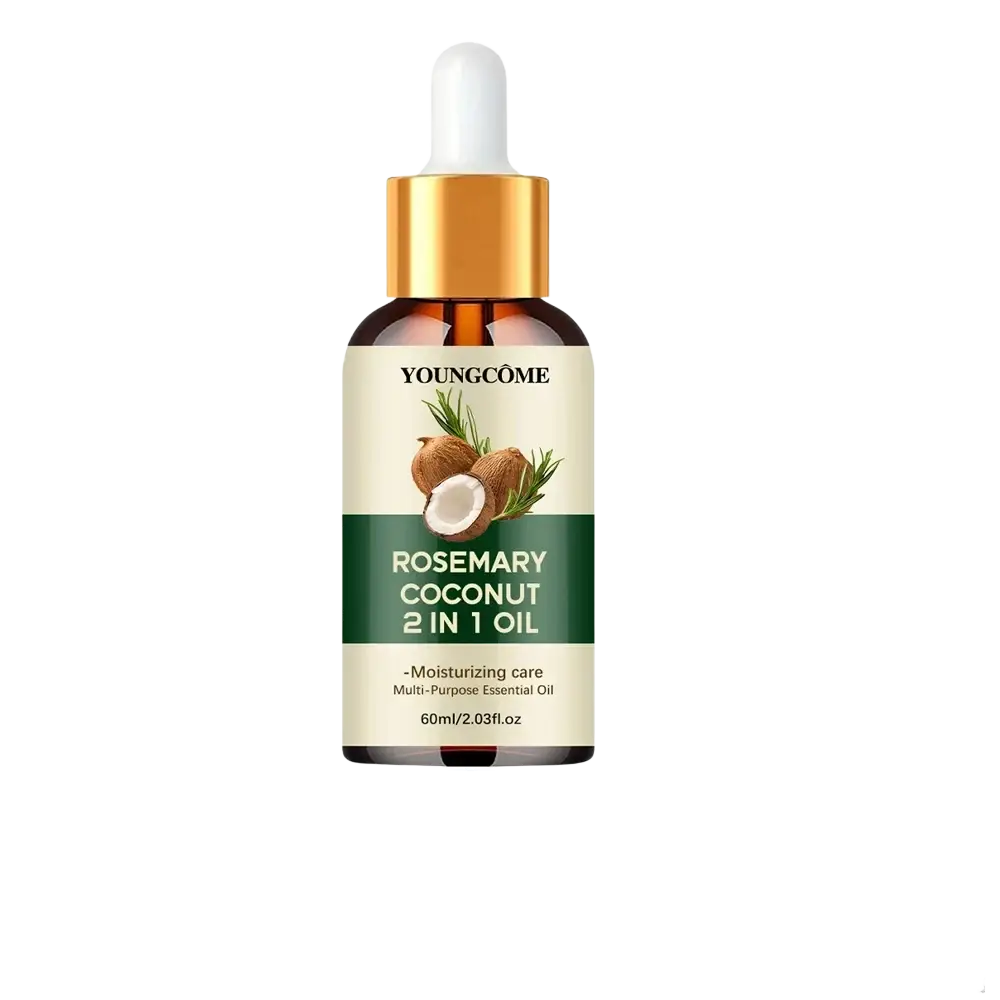 A sleek amber glass bottle of youngcome rosemary coconut 2 in 1 oil with a gold dropper and white rubber bulb