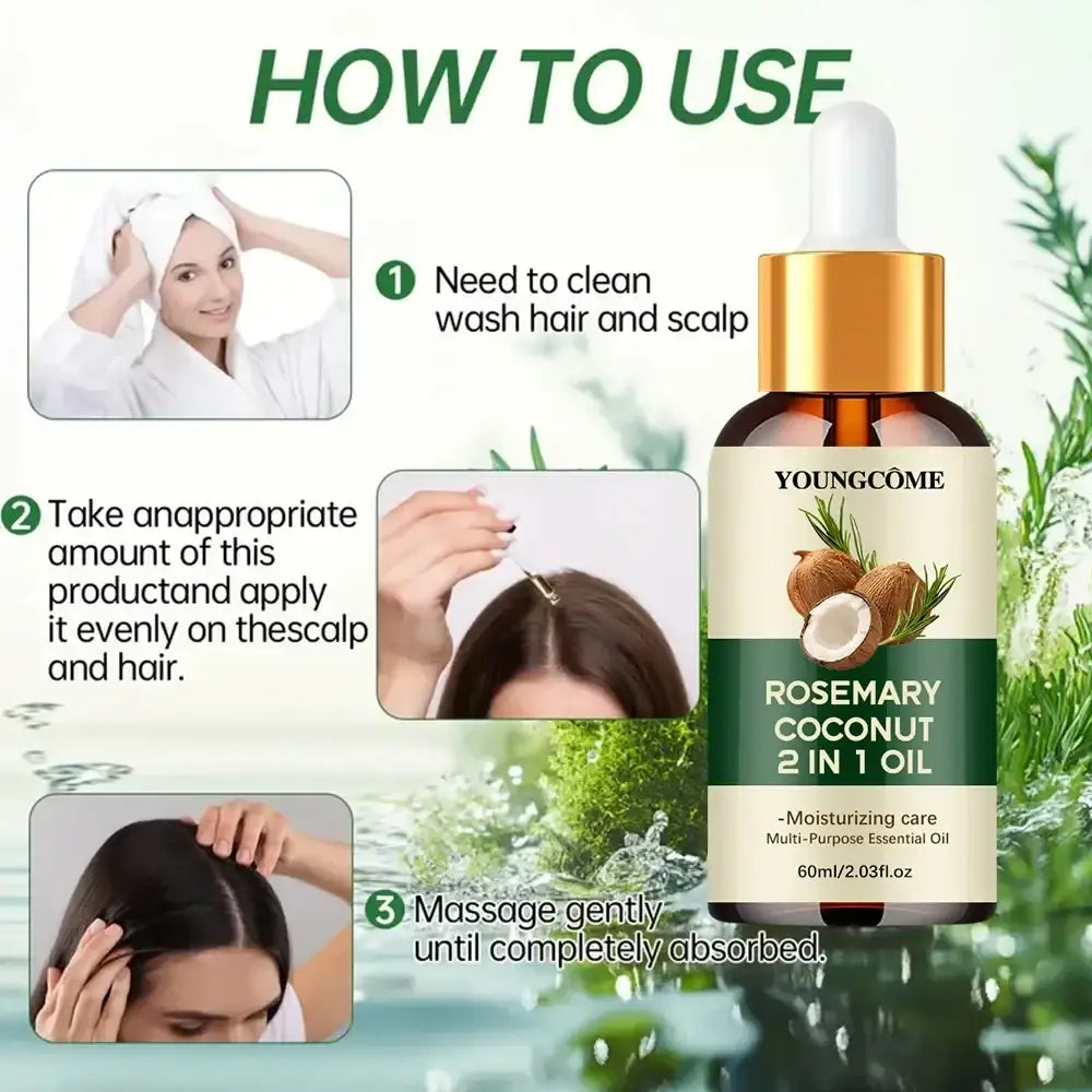 A sleek amber glass bottle of Youngcome rosemary coconut 2 in 1 hair oil with a gold-toned dropper cap and label