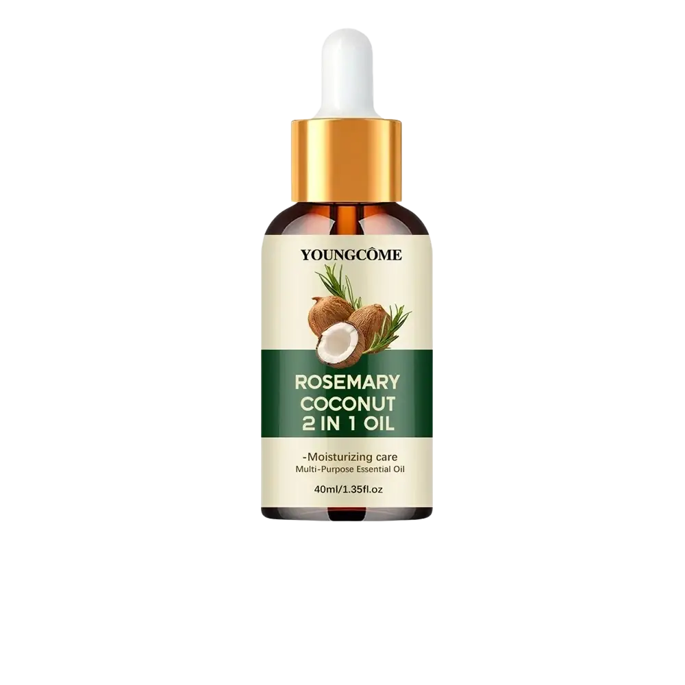 A sleek amber glass bottle of Youngcome rosemary coconut 2 in 1 hair oil with gold dropper cap and white bulb