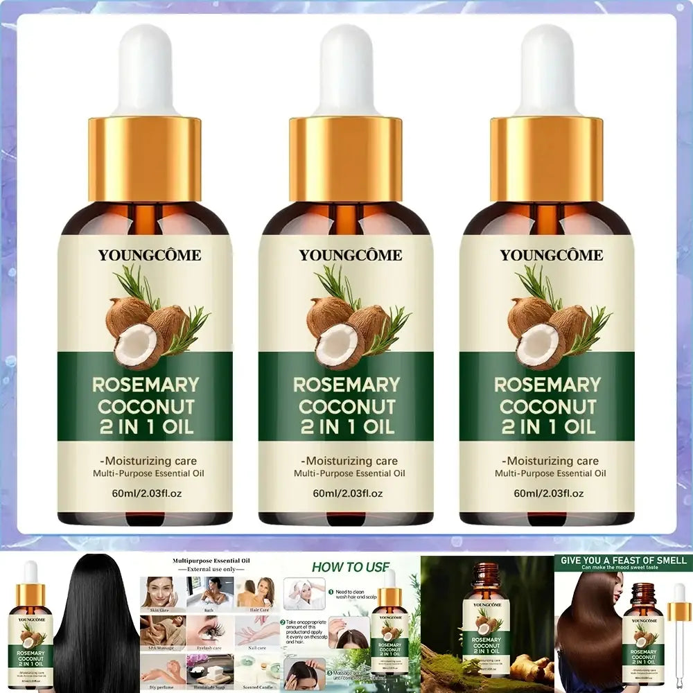 Three amber glass bottles of youngcôme rosemary coconut 2 in 1 hair oil with gold dropper caps and illustrated labels