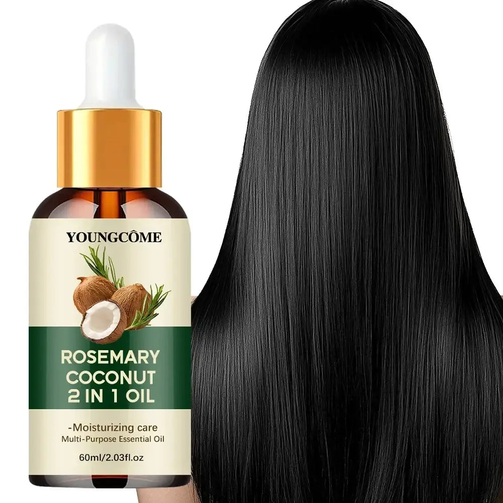 Youngcôme rosemary coconut hair oil 60ml in an amber glass bottle with gold dropper cap and coconut rosemary label