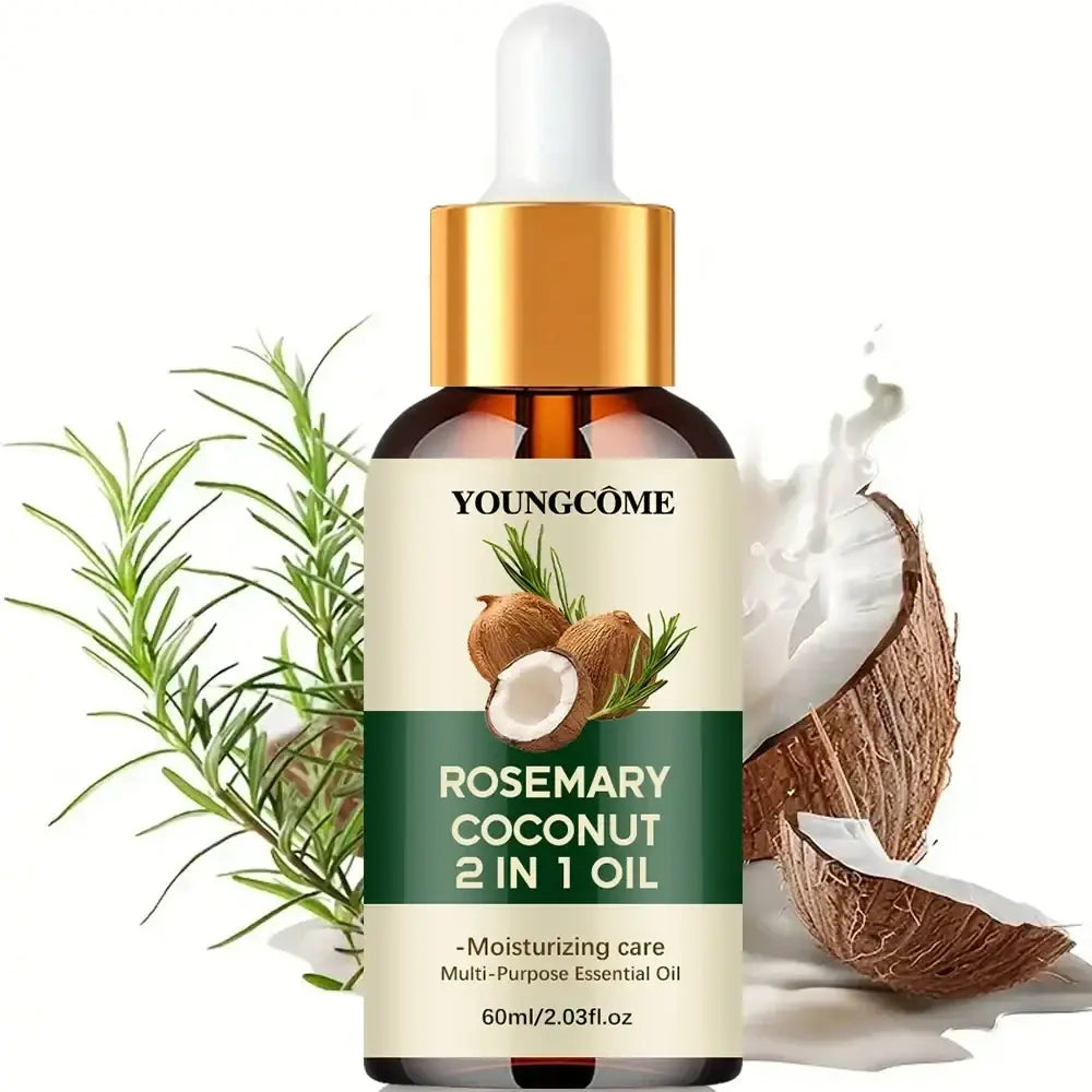 Youngcome rosemary coconut hair oil 60ml in a sleek amber glass bottle with a gold dropper cap and botanical label