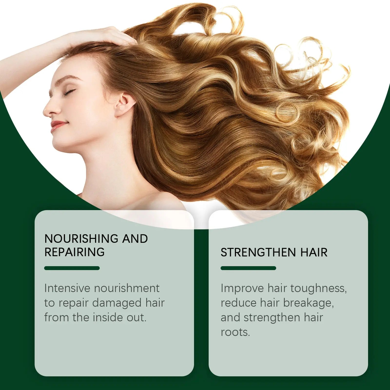 Rosemary coconut hair oil for growth and dry hair care shown with voluminous golden brown wavy hair with glossy sheen