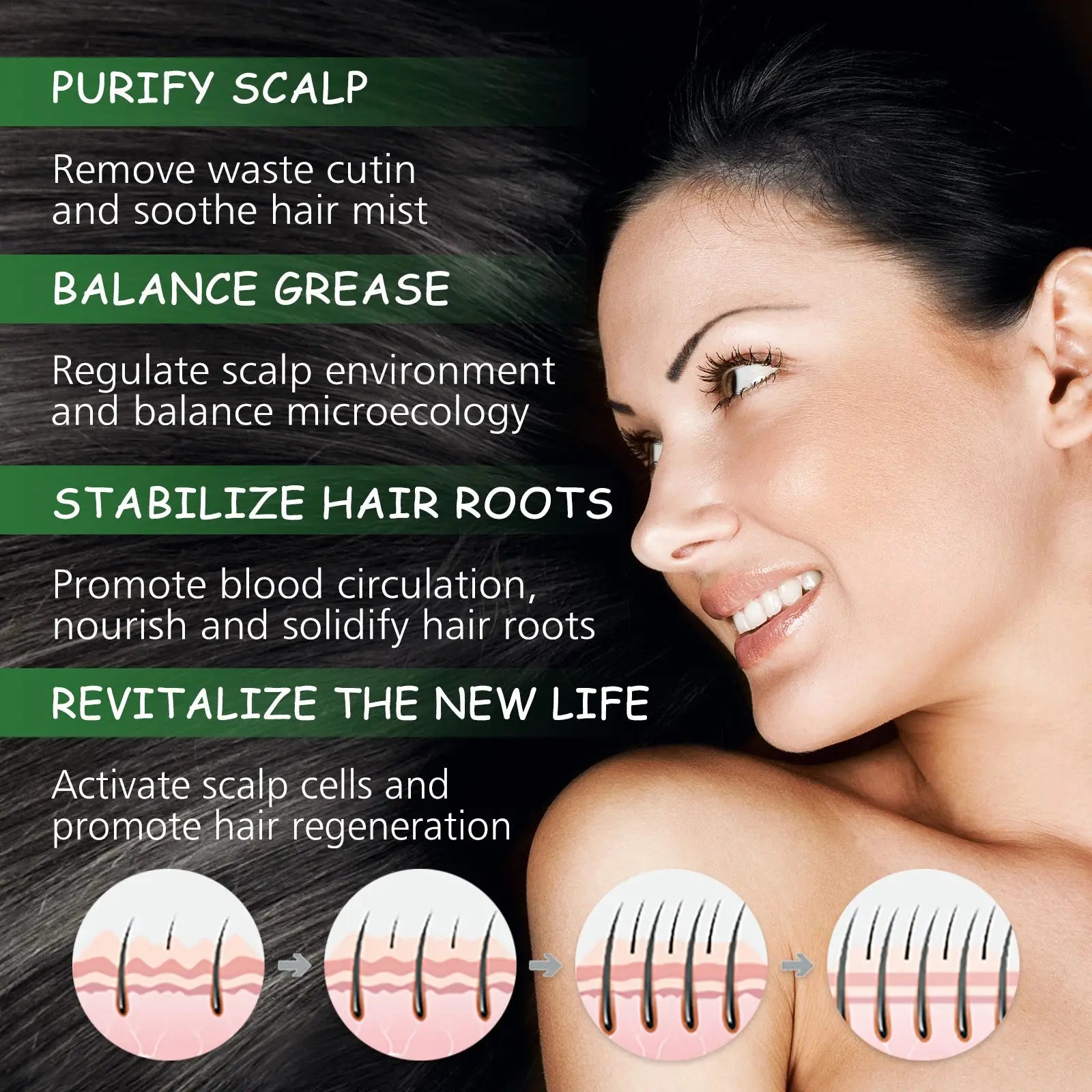 A woman with long dark hair and a gentle smile using rosemary essential oil for hair growth 60ml Ouhoe