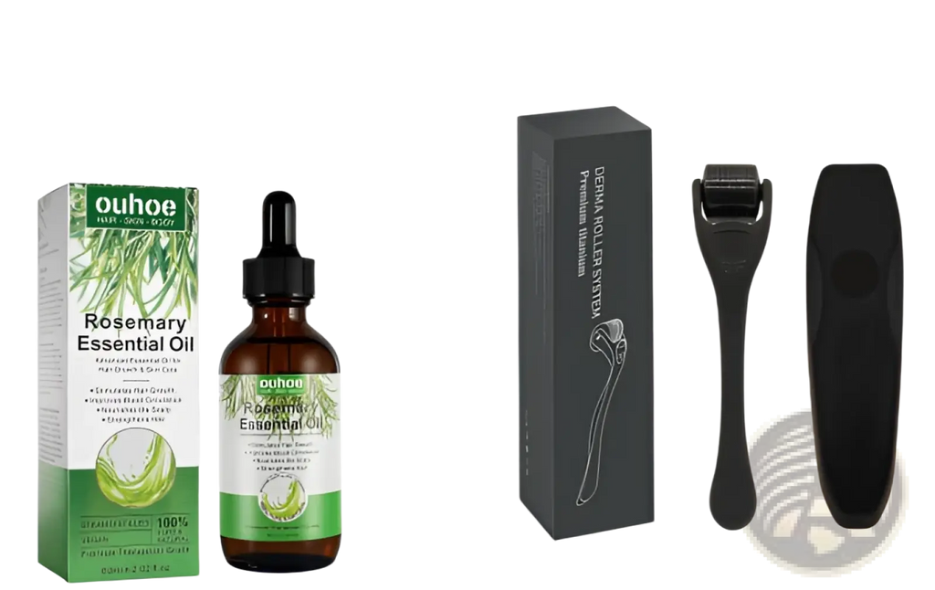 Brown glass bottle of ouhoe rosemary essential oil with black dropper cap and green leaf label for hair growth 60ml
