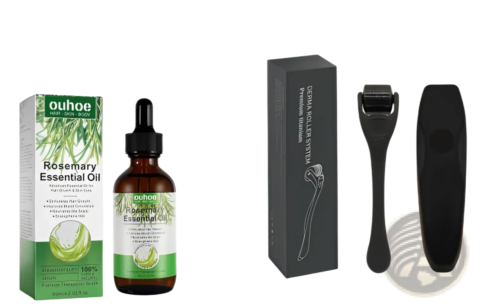 Brown glass bottle of ouhoe rosemary essential oil with black dropper cap and green leaf label for hair growth 60ml