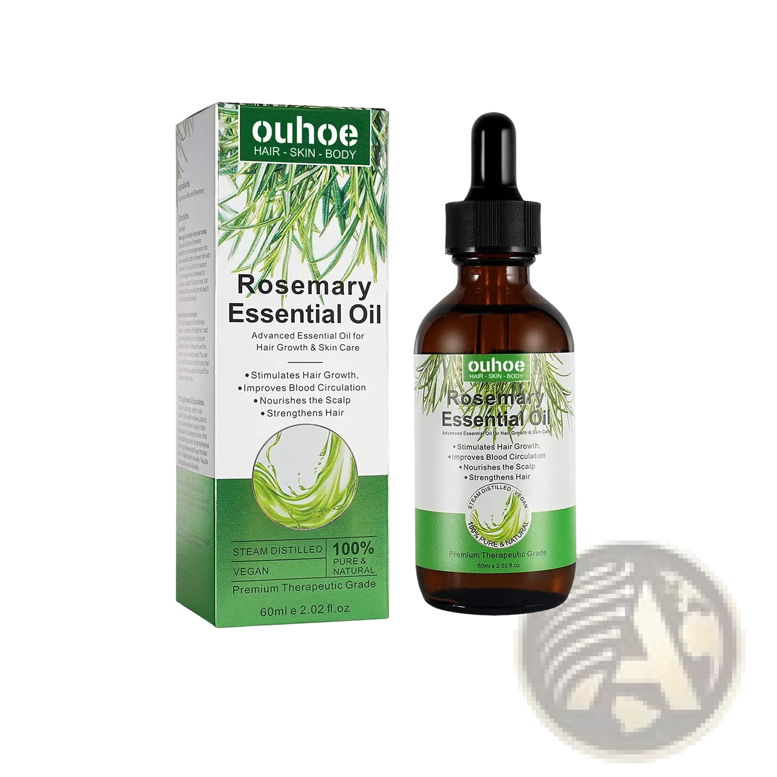 Ouhoe rosemary essential oil for hair growth in a brown glass dropper bottle with a black cap and green packaging 60ml