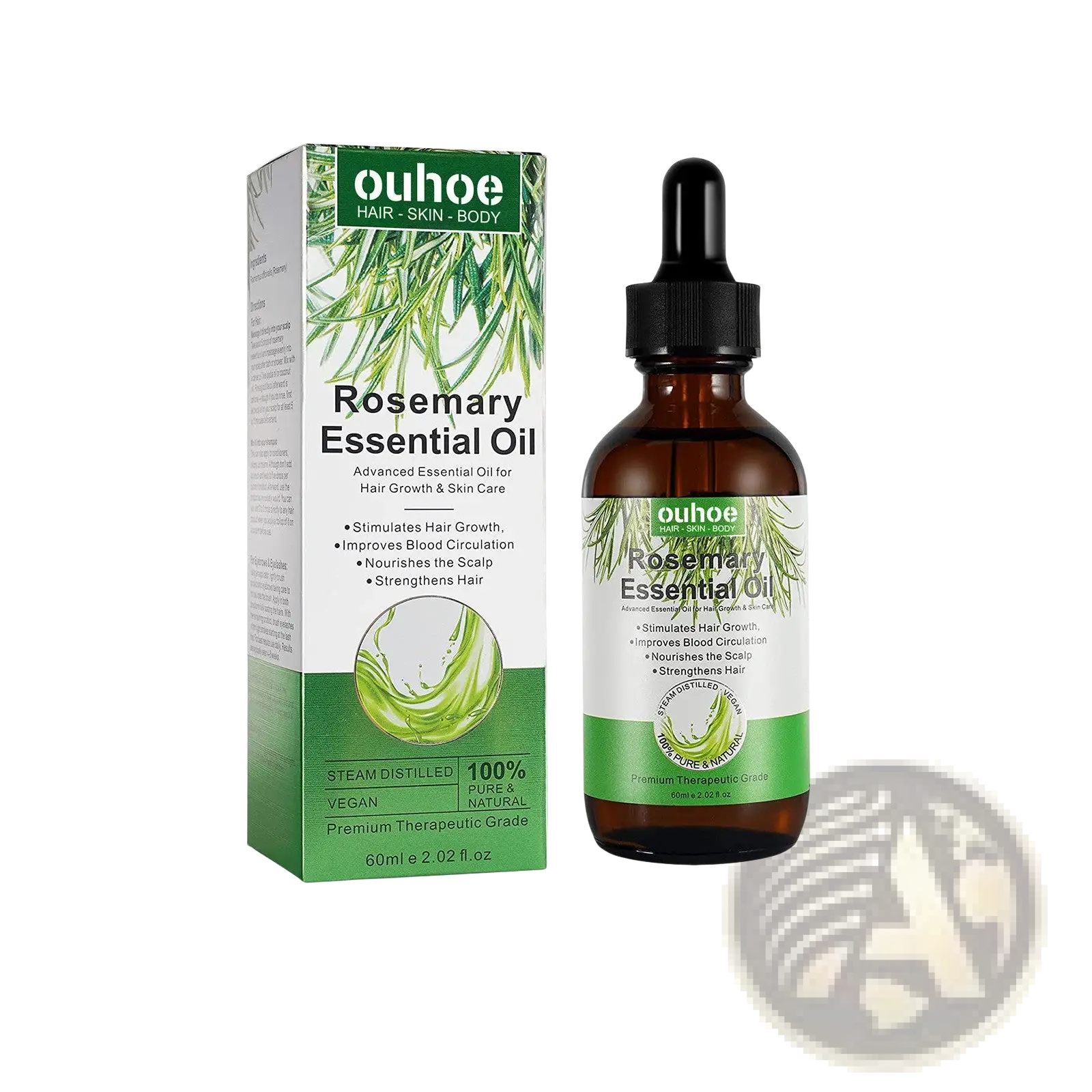 Ouhoe rosemary essential oil 60ml in brown glass bottle with black dropper and green-white box for hair growth