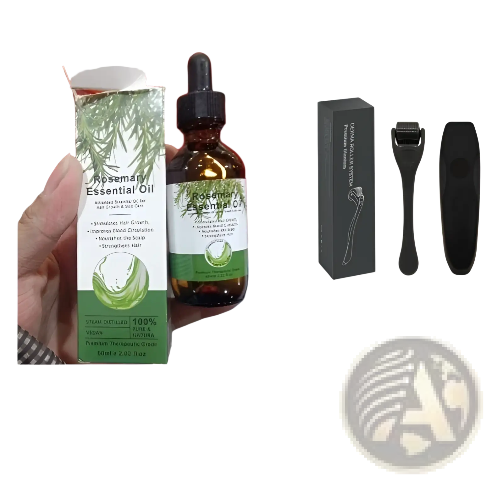 Amber glass bottle with black dropper cap and green label of rosemary essential oil for hair growth 60ml Ouhoe