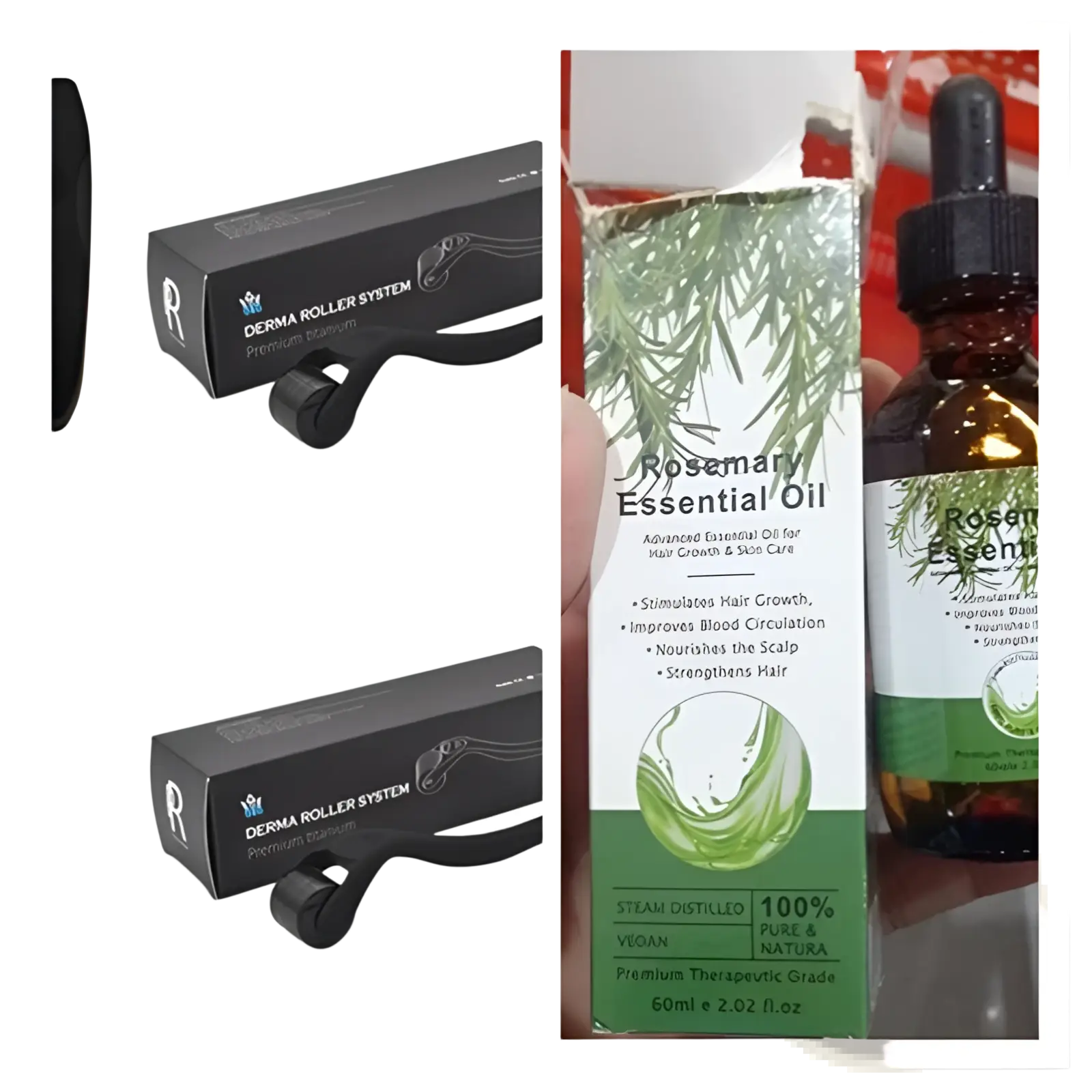 Black derma roller system with sleek curved design and premium titanium construction for rosemary essential oil hair growth