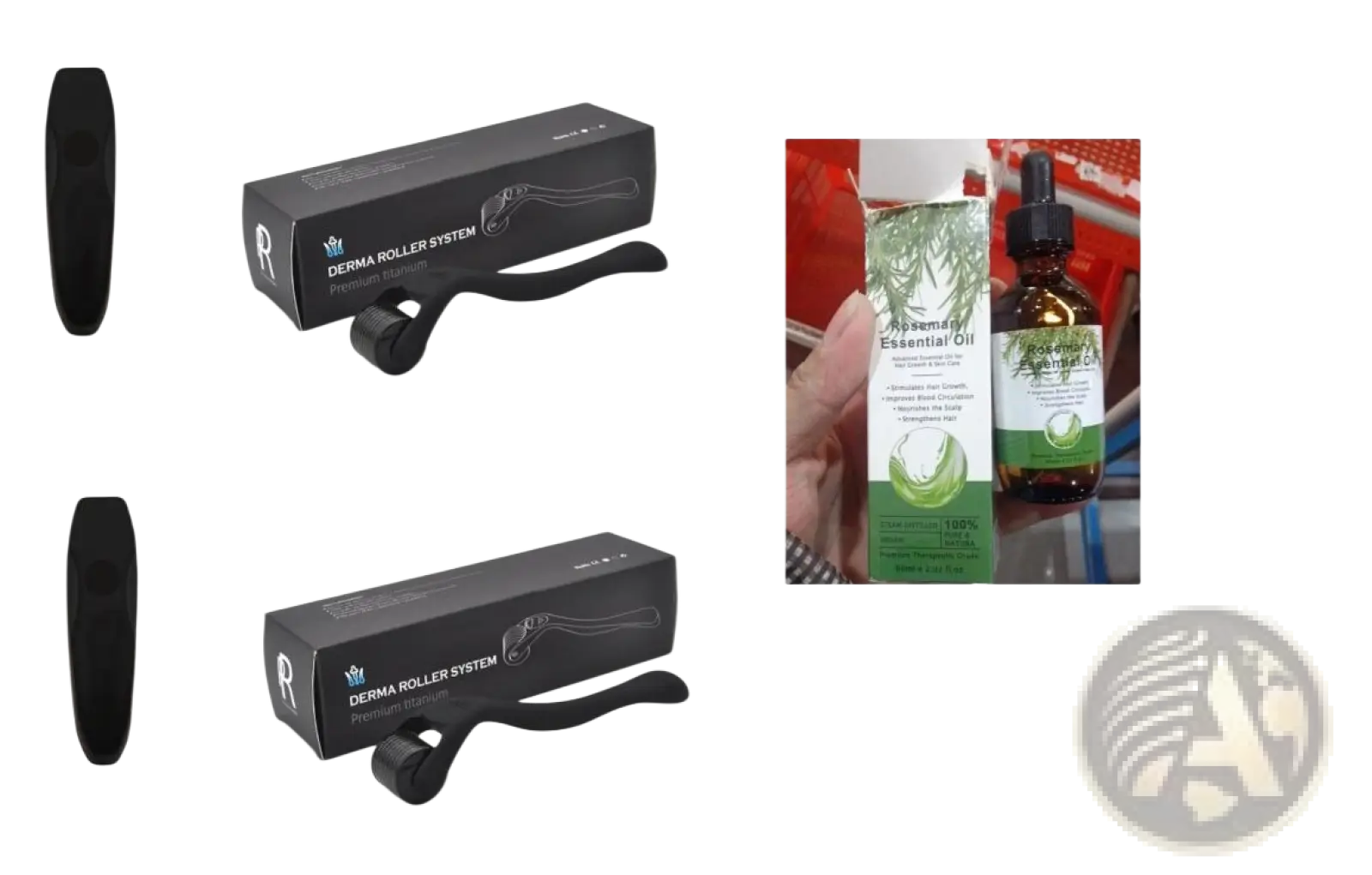 Black derma roller with 0.5mm and 1.5mm needles in ergonomic design for rosemary essential oil hair growth 60ml ouhoe