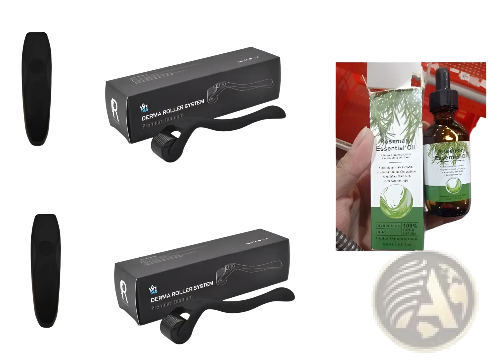 Black derma roller system with 0.5mm and 1.5mm premium titanium needles for hair growth with rosemary essential oil