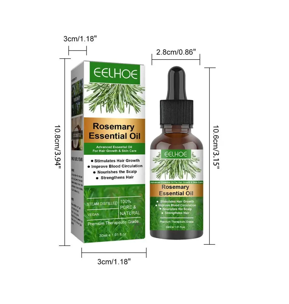 Eelhoe rosemary essential oil for hair growth in a dark amber glass dropper bottle with green label and packaging