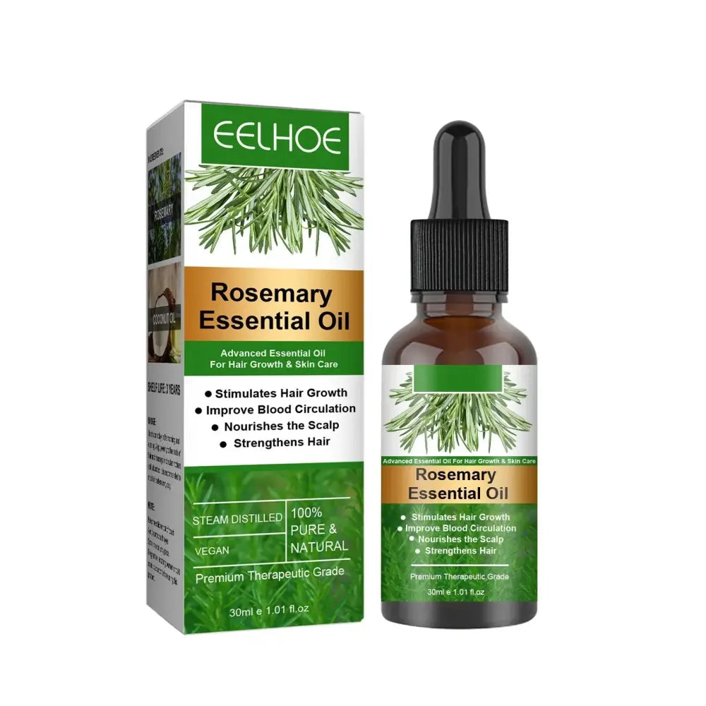A brown glass bottle of Eelhoe rosemary essential oil with black dropper for hair growth and scalp care