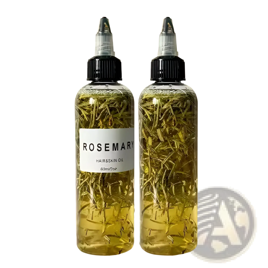 Two clear plastic bottles of 60ml rosemary hair care essential oil with golden liquid and dried rosemary sprigs inside