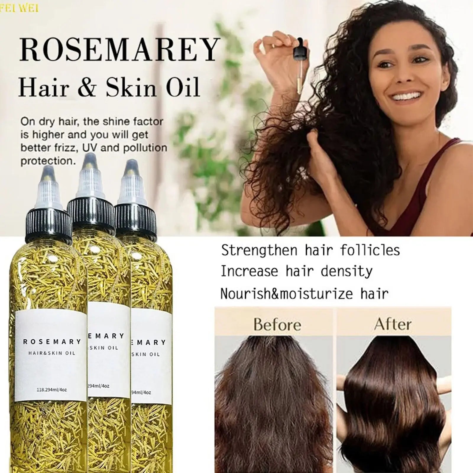 Three transparent bottles of rosemary hair care essential oil with golden-yellow liquid and dried rosemary sprigs for split ends