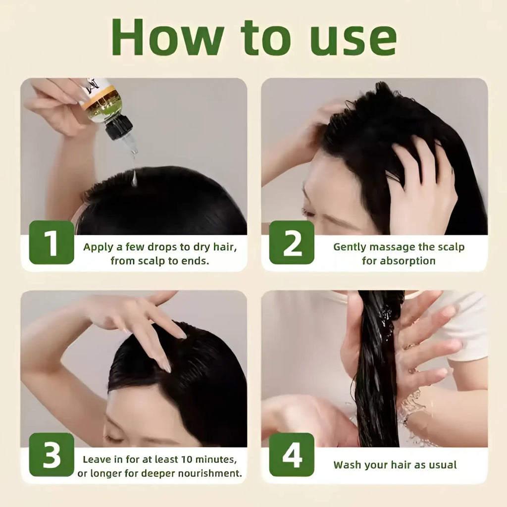 A clear glass bottle with a black dropper cap containing golden rosemary hair care essential oil for split ends 60ml