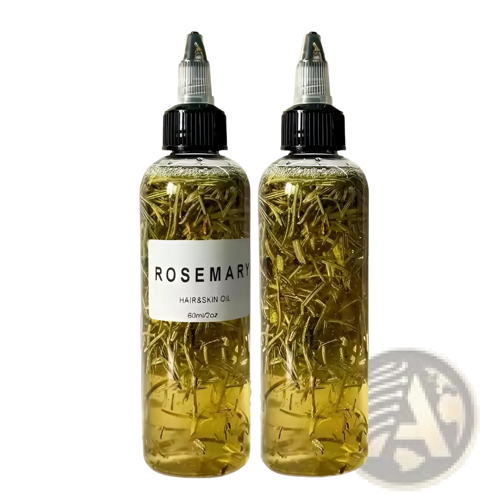 Two transparent 60ml bottles of golden rosemary hair care essential oil with dried herb sprigs for split ends
