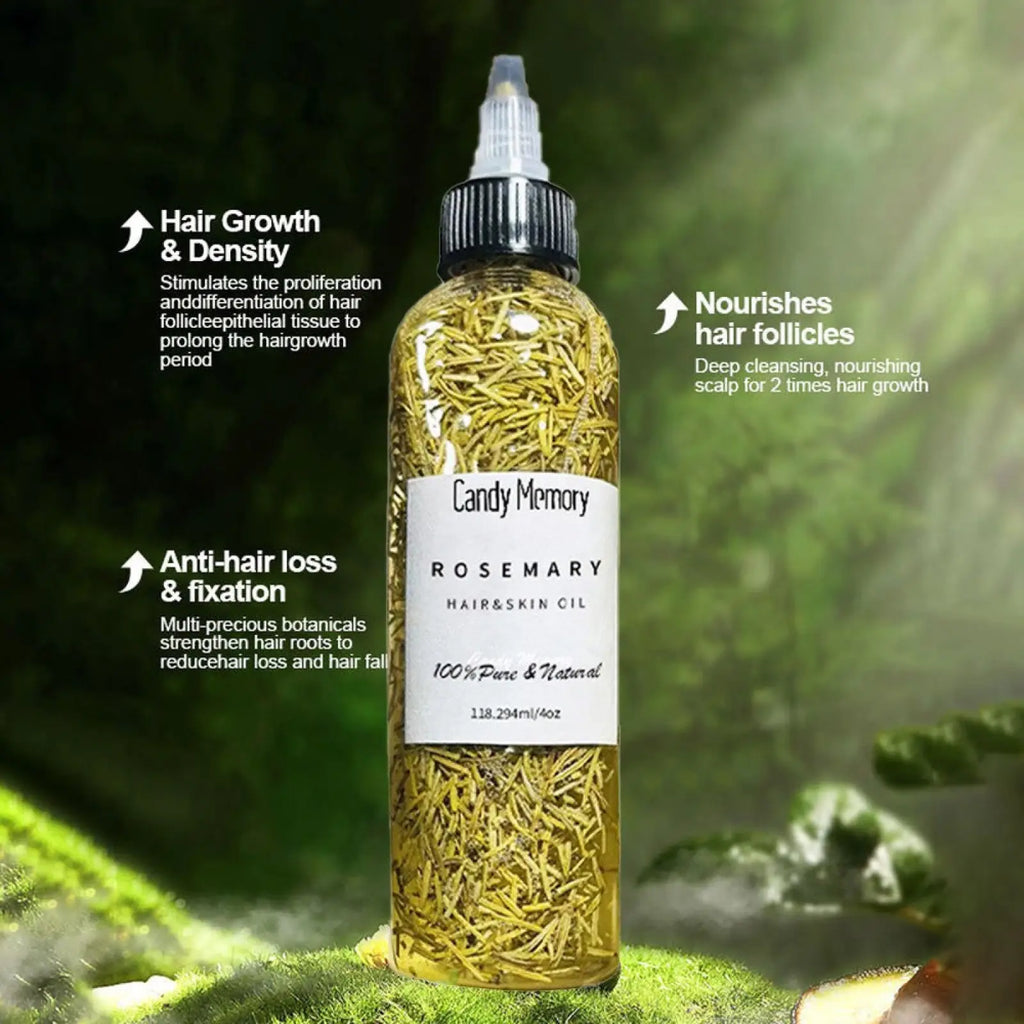 A clear glass bottle of golden candy memory rosemary hair and skin oil with black cap for split ends 60ml