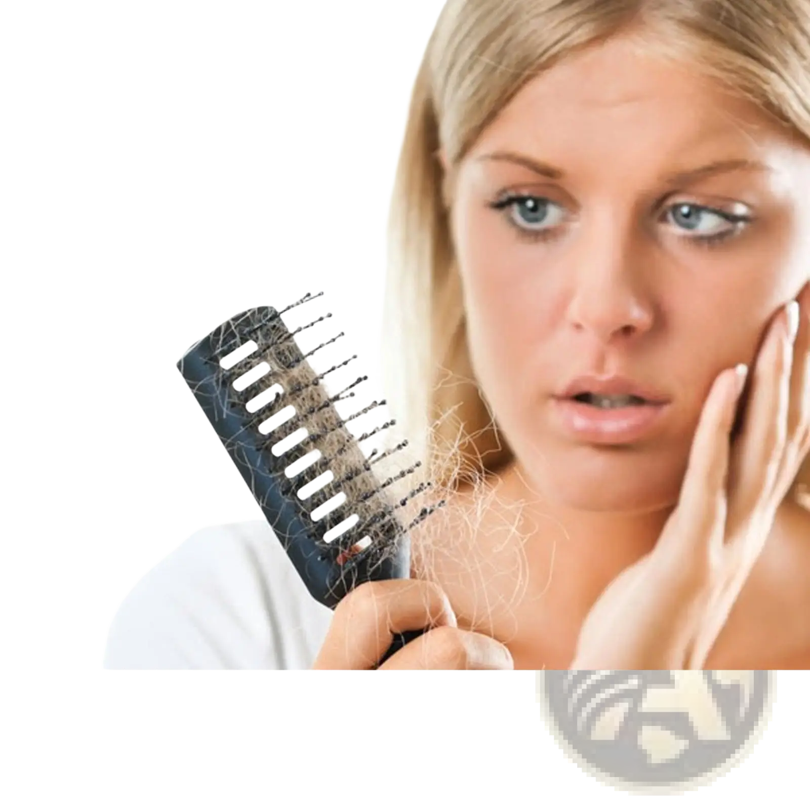 Black plastic comb with hair strands caught in teeth used with rosemary hair essential oil for growth 60ml
