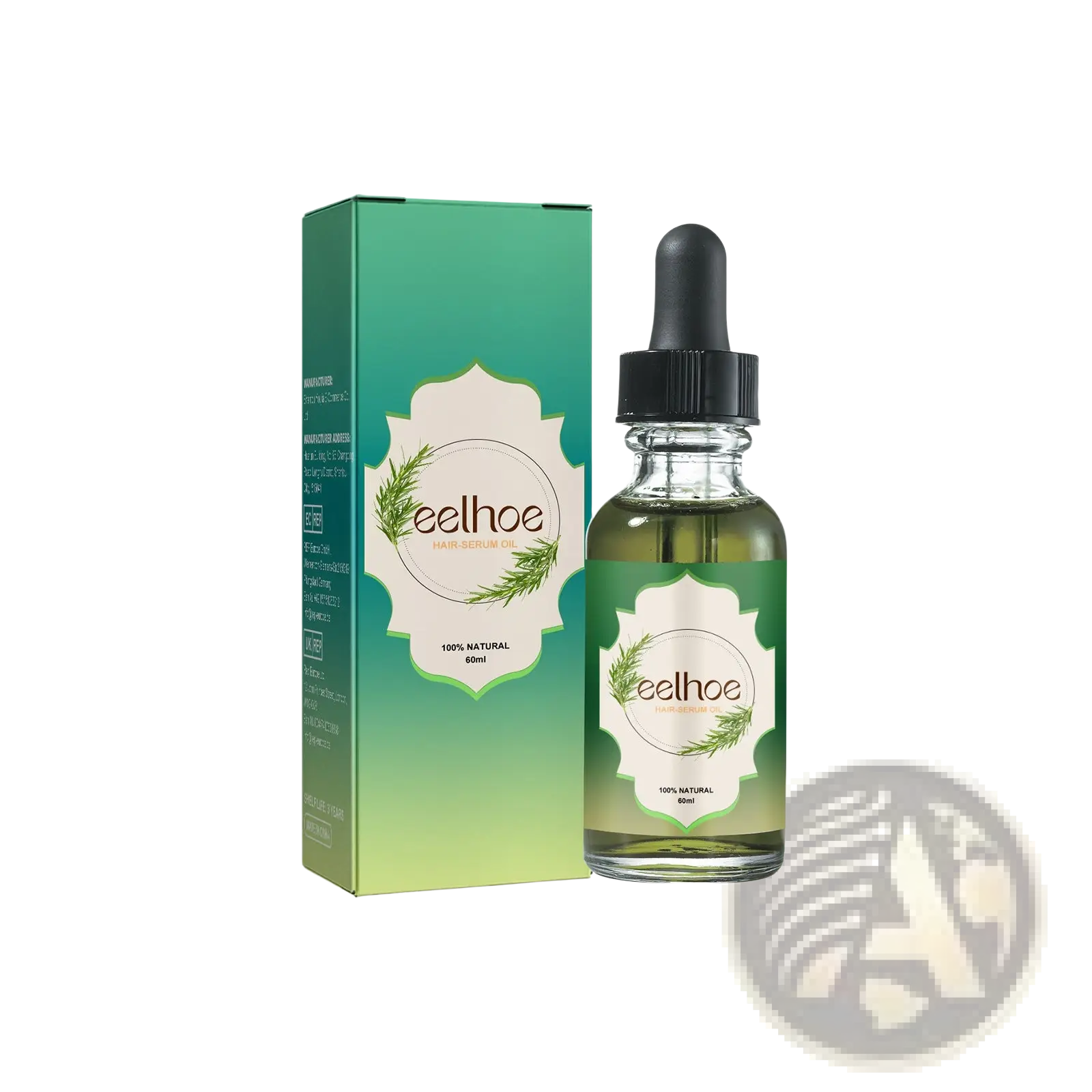 Green gradient box and glass bottle of eelhoe rosemary hair essential oil for growth 60ml with black dropper cap