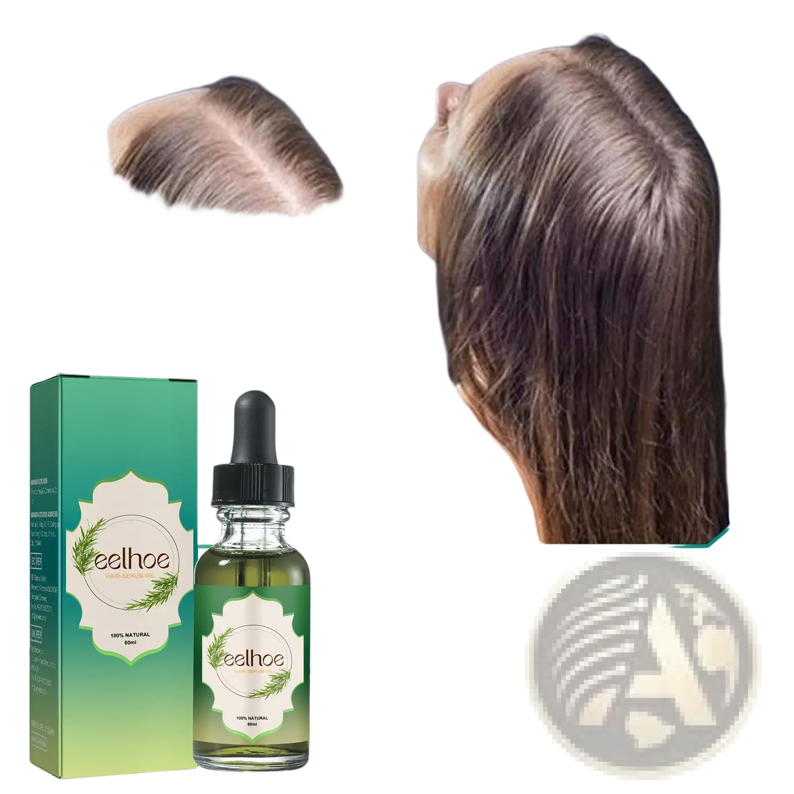 Green glass bottle and matching box labeled eelhoe with leaf design rosemary hair essential oil for growth 60ml