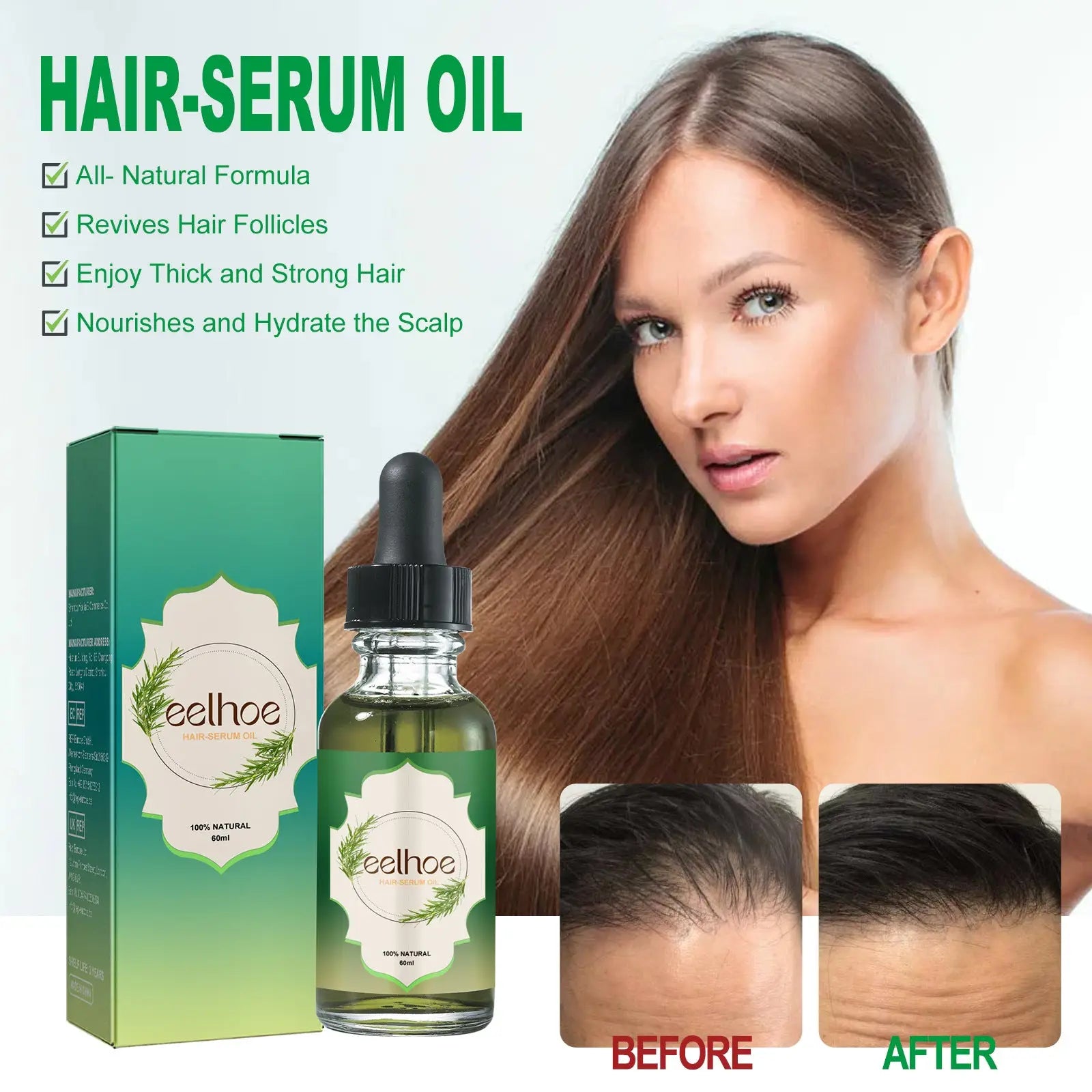 Green glass bottle of eelhoe rosemary hair essential oil for growth with black dropper cap and matching green packaging 60ml