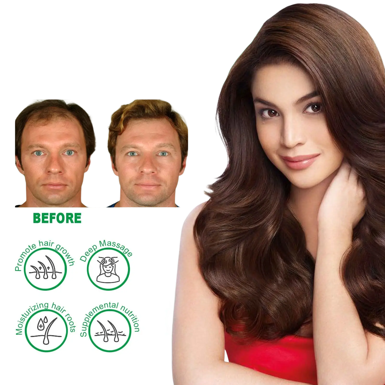 A woman with long dark brown wavy hair wearing a red top promotes rosemary hair essential oil for growth 60ml