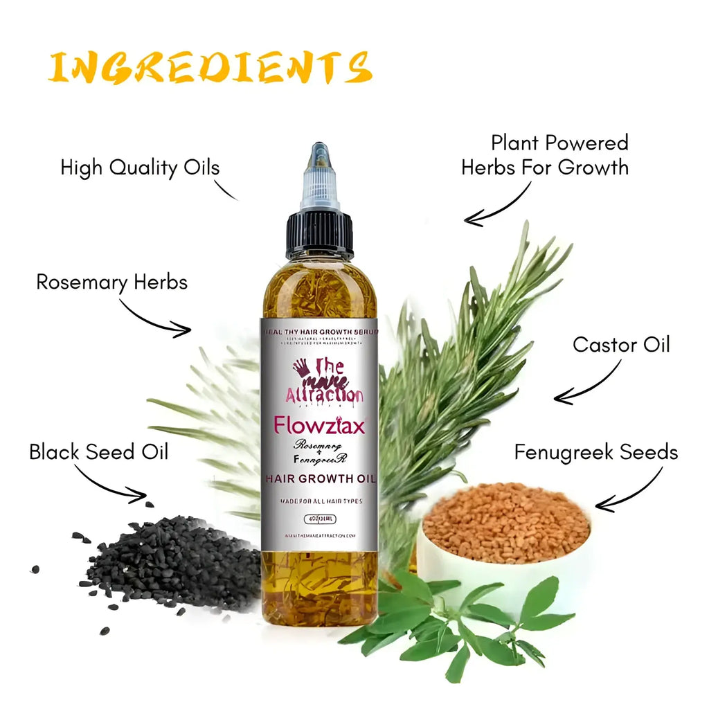 The mane attraction flowztax rosemary fenugreek hair growth oil in a clear bottle with black dropper for all hair types
