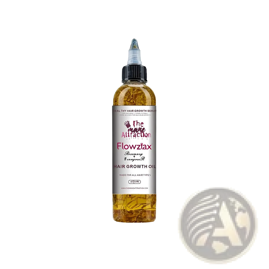 The allure flowzax rosemary eucalyptus hair growth oil in a clear bottle with black cap and silver label for scalp treatment