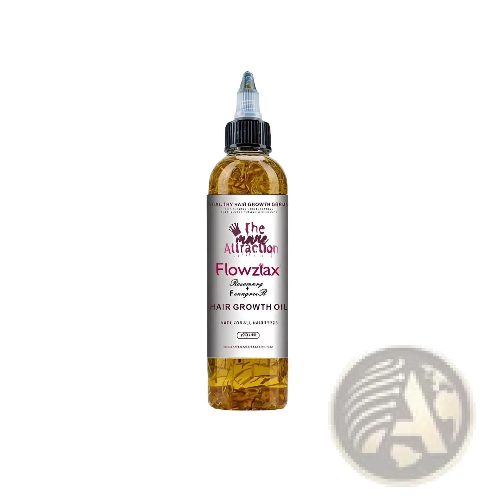 The allure flowzax rosemary eucalyptus hair growth oil in a clear bottle with black cap and silver label for scalp treatment
