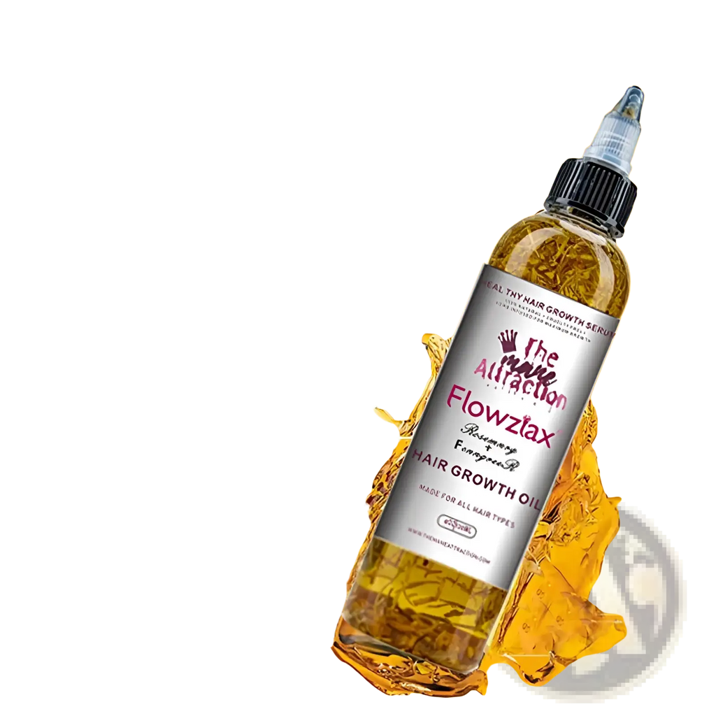 A clear glass bottle with black dropper cap contains golden rosemary geranium hair growth oil labeled the attraction flowzax