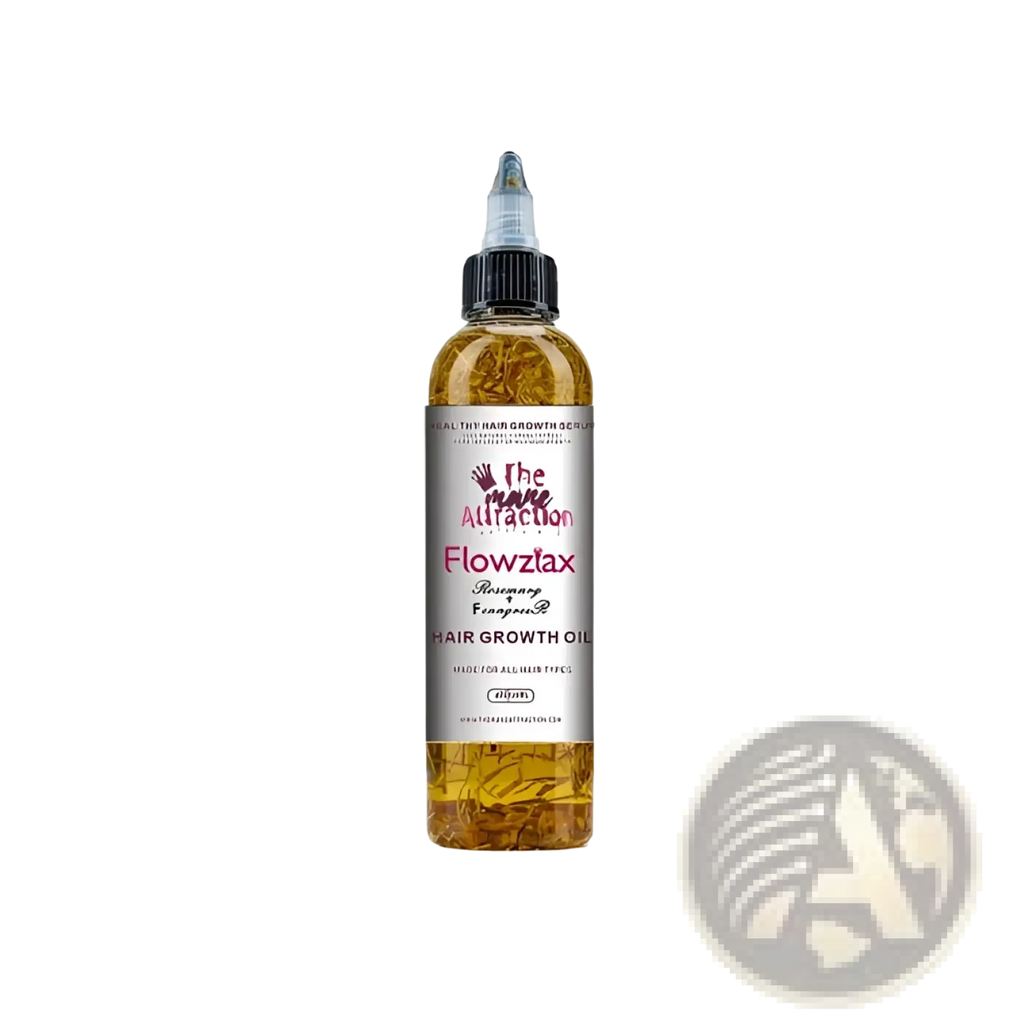 The move attraction flowztax rosemary peppermint hair growth oil in a clear bottle with golden oil for anti frizz scalp treatment