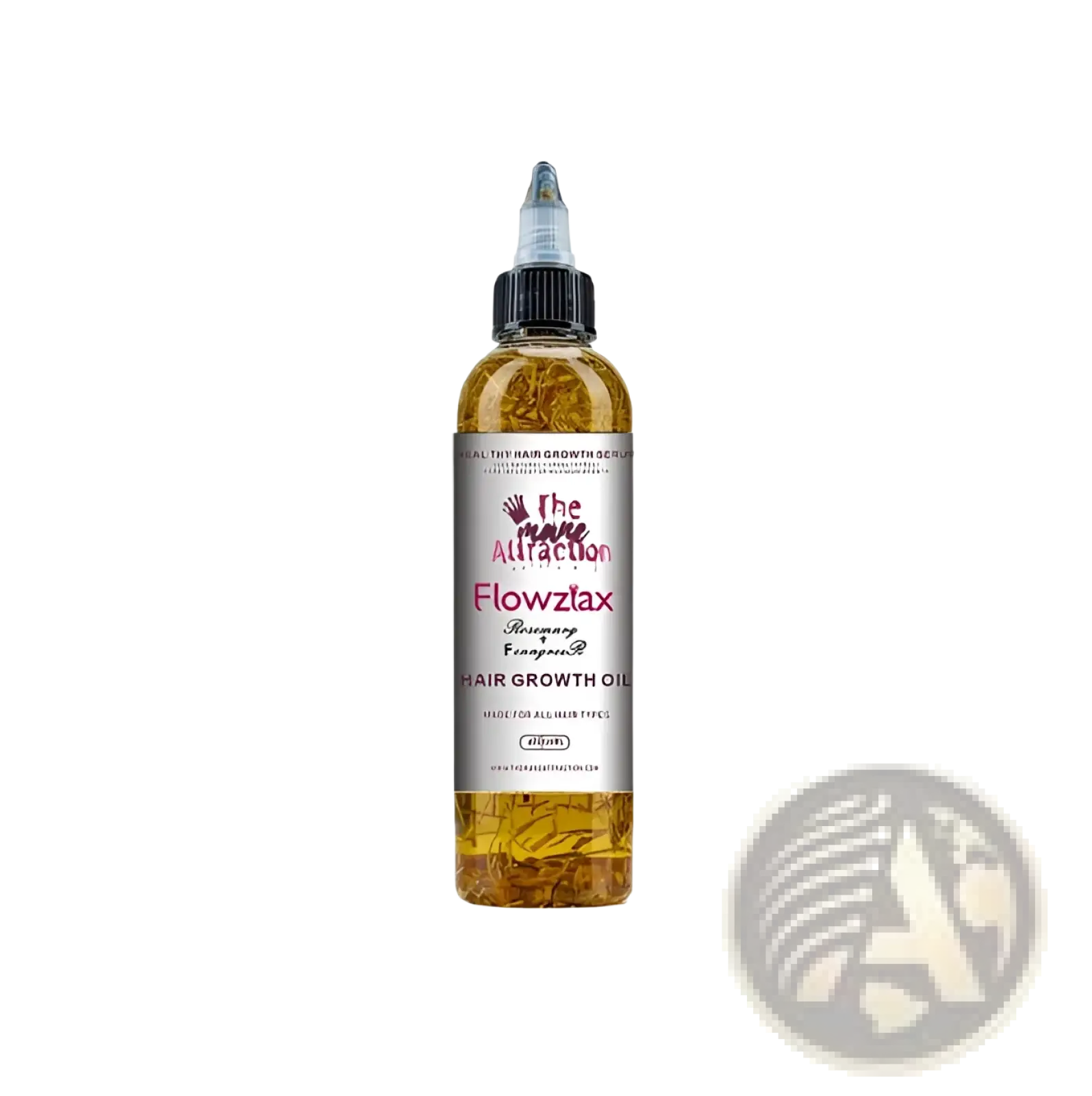 The move attraction flowztax rosemary peppermint hair growth oil in a clear bottle with golden oil for anti frizz scalp treatment