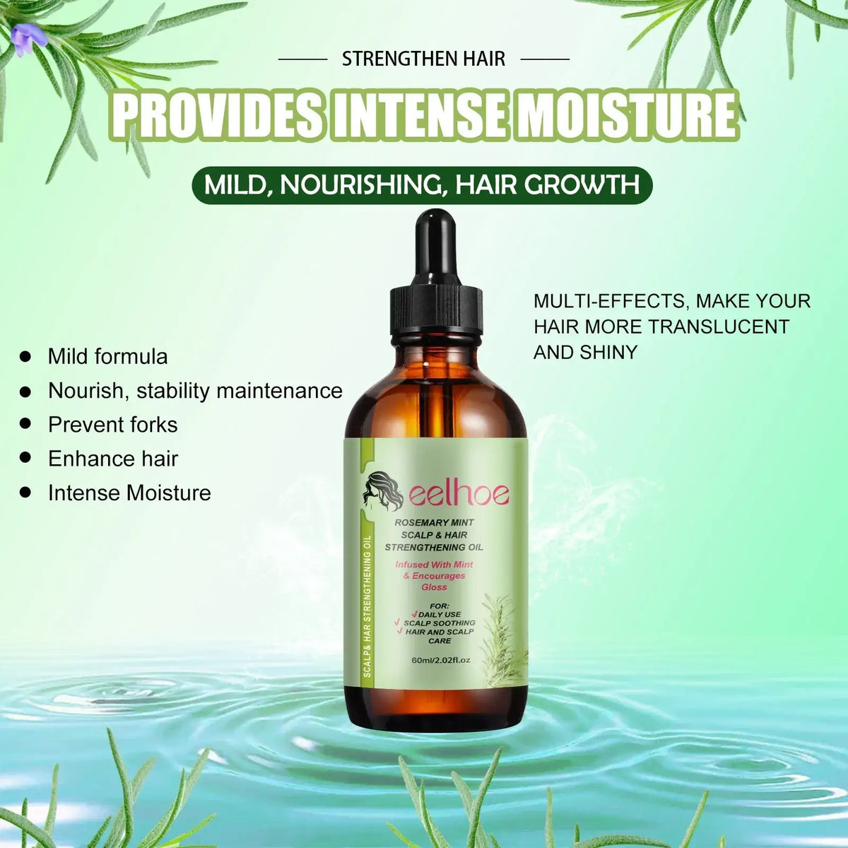 Amber glass bottle with black dropper and green label of eelhoe rosemary mint scalp and hair strengthening oil formula helps frizz