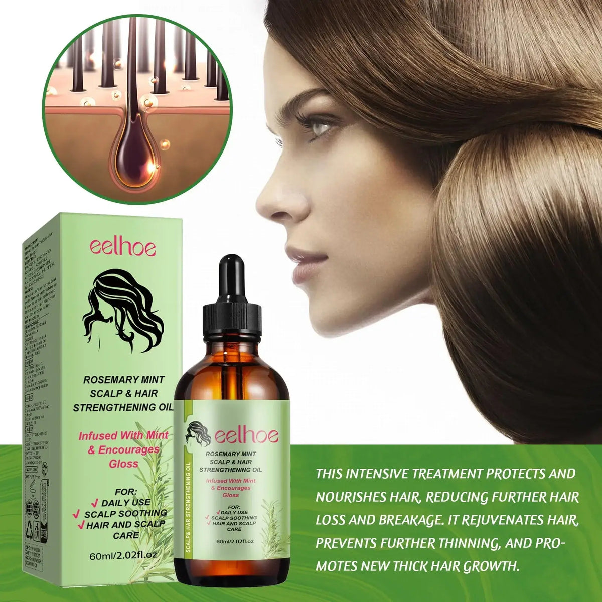 The eelhoe rosemary mint scalp and hair strengthening oil in an amber glass bottle with a formula helps frizz