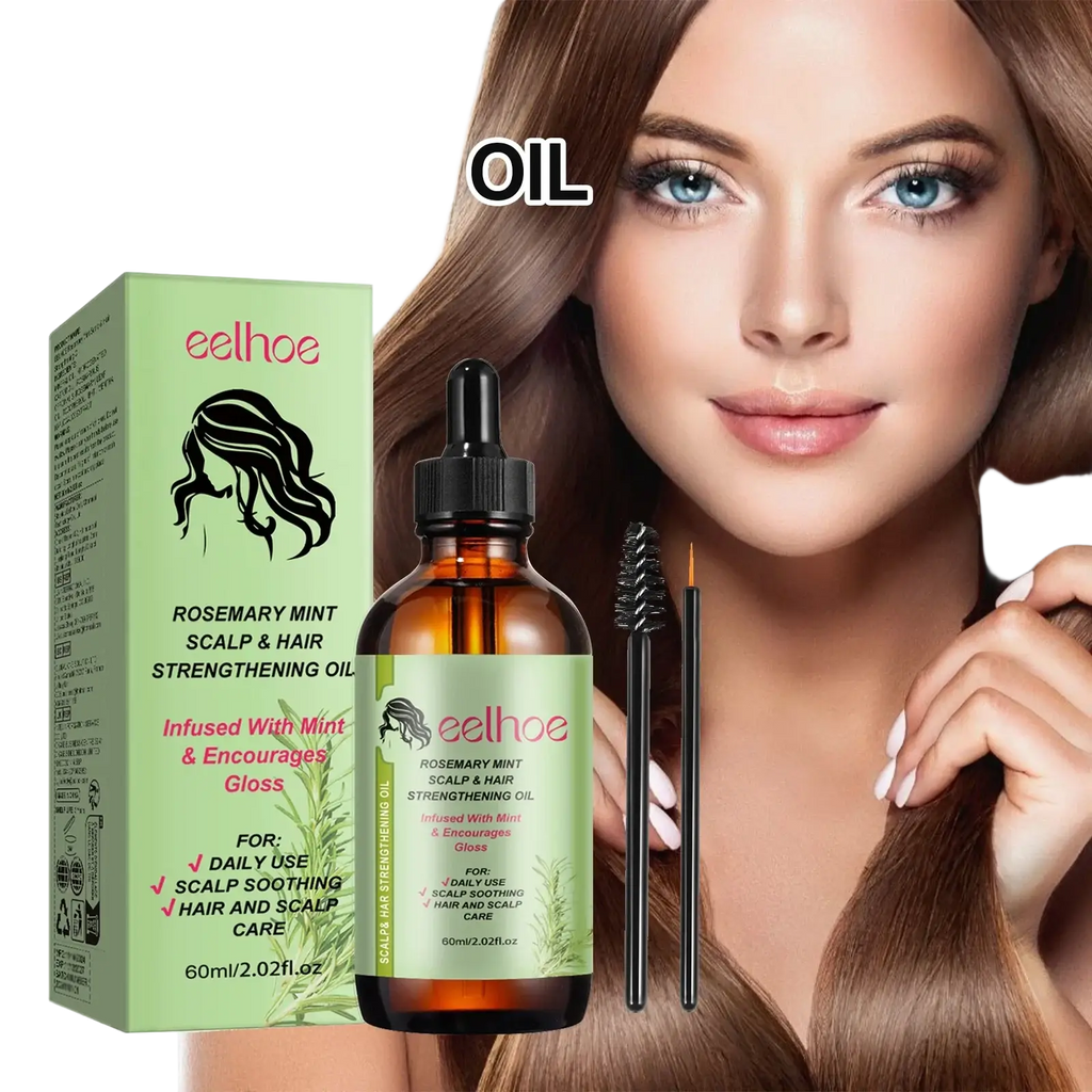 Eelhoe rosemary mint scalp and hair strengthening oil in amber glass bottle with dropper and brushes formula helps frizz