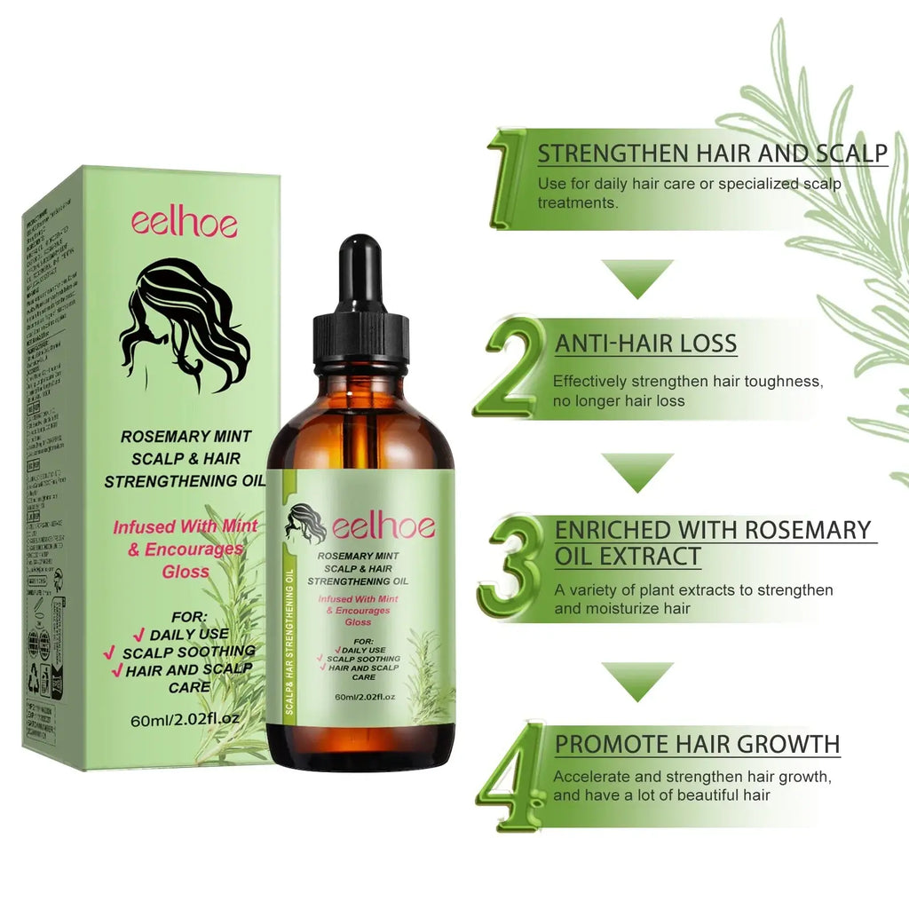 Eelhoe rosemary mint scalp and hair strengthening oil in amber glass with black dropper and light green box formula helps frizz