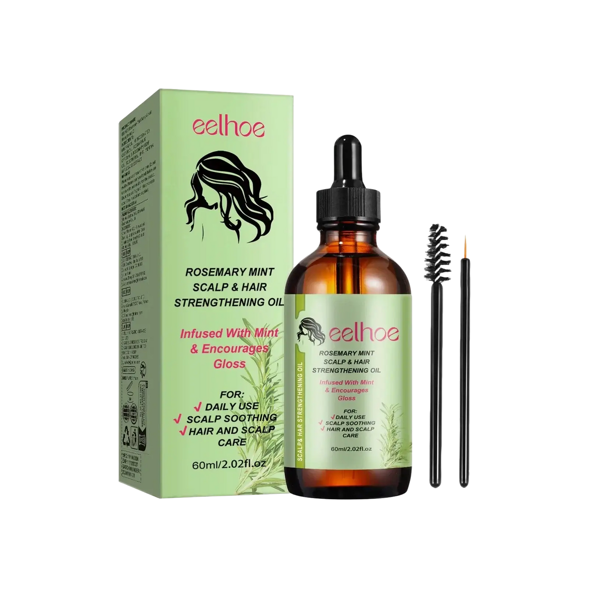 The eelhoe rosemary mint scalp and hair strengthening oil in a 60ml amber glass bottle with black dropper formula helps frizz