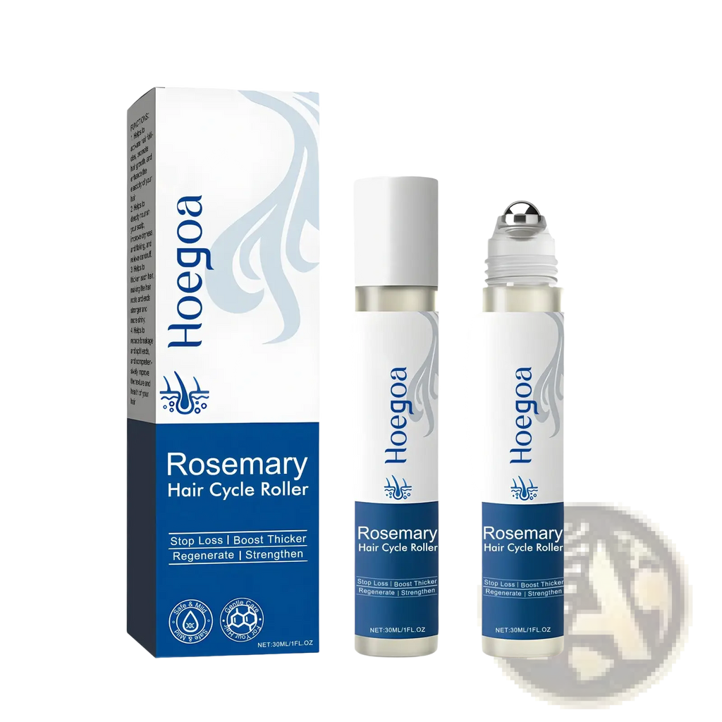 Hoegoa rosemary hair growth oil roller with vitamin e in a sleek white and blue cylindrical transparent body with silver cap